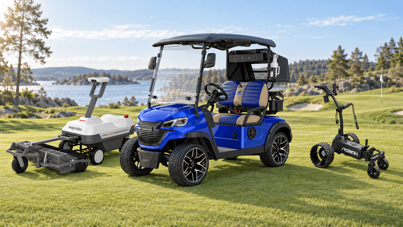 Blå elektrisk golfbil med automatisk ballplukker og AI-golftralle på en nordisk golfbane ved vann.