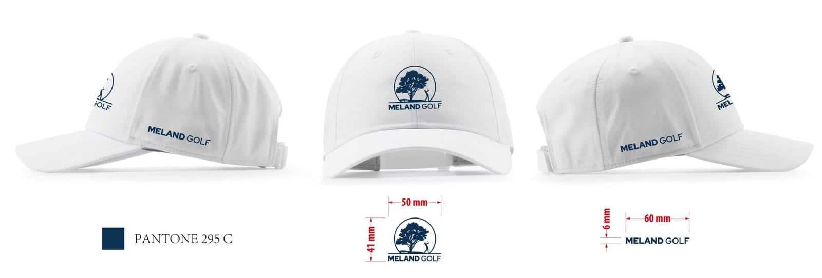 Hvit caps med Meland Golf-logo sett fra tre vinkler