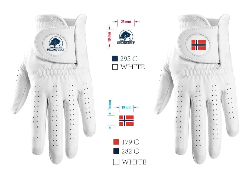 Golfhansker med Meland Golf-logo og norsk flagg på borrelåsen