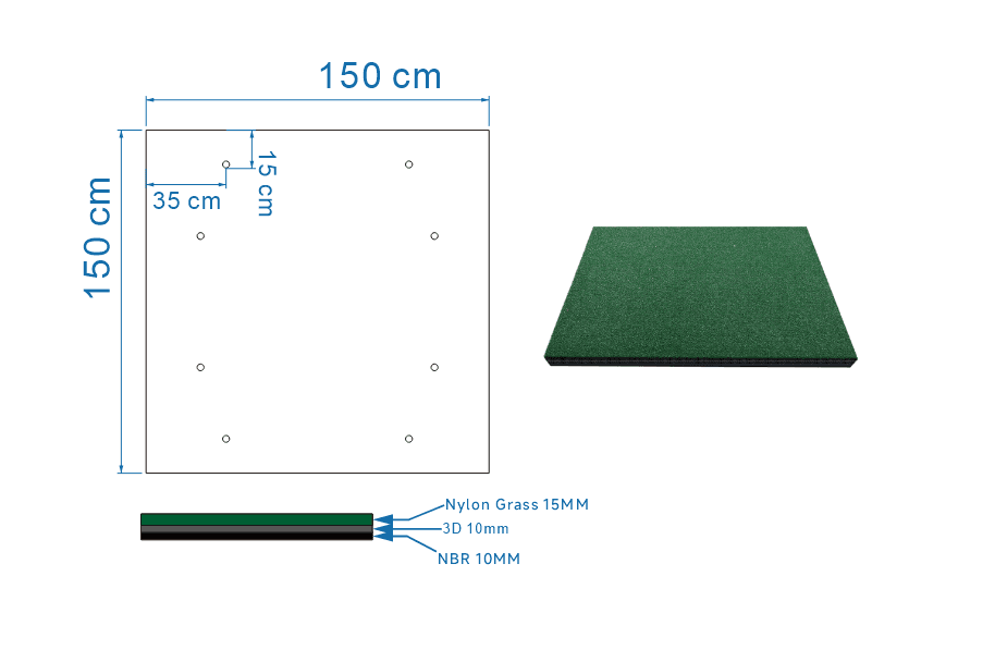 Teknisk tegning av rangematte på 150 × 150 cm med nylongress, dempende 3D-fjæringslag og NBR-gummibunn.
