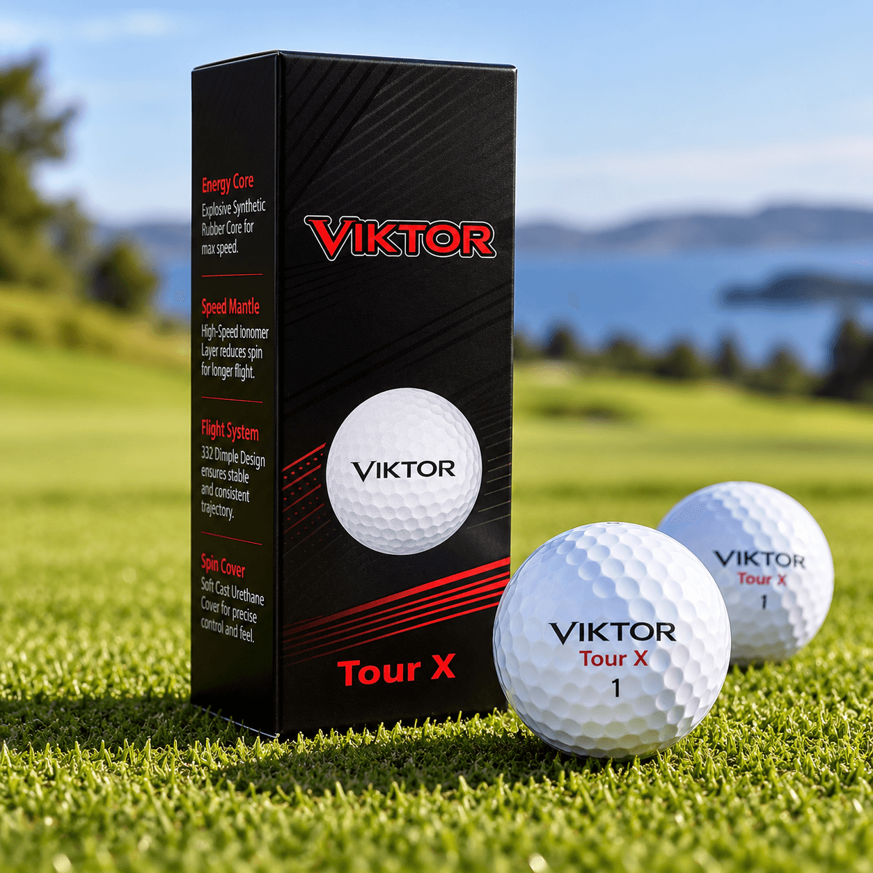 Viktor Tour X pakning med to hvite Viktor Tour X golfballer på en golfbane ved sjøen.