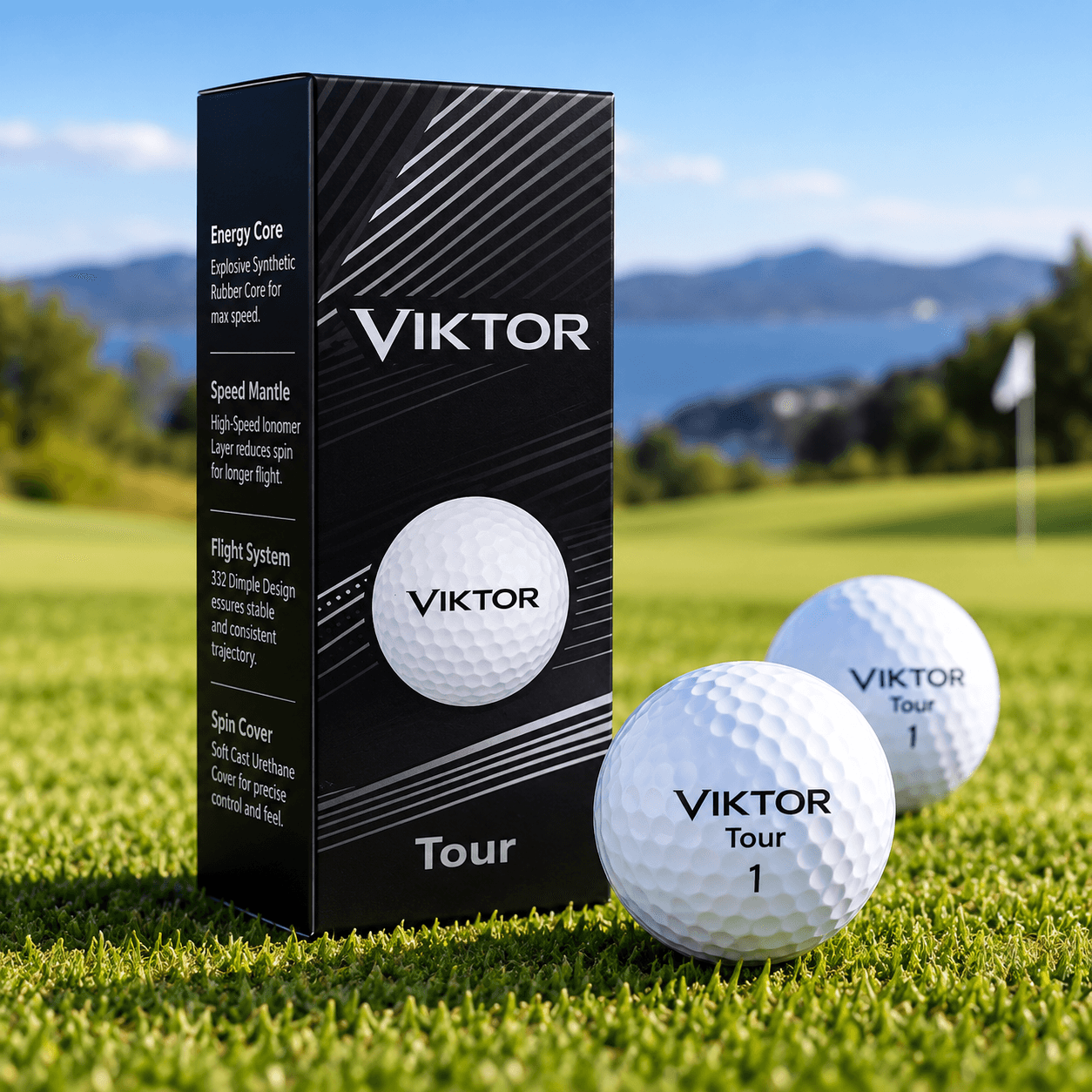 Viktor Tour golfballpakning med to hvite Viktor Tour-baller på en golfbane ved sjøen.